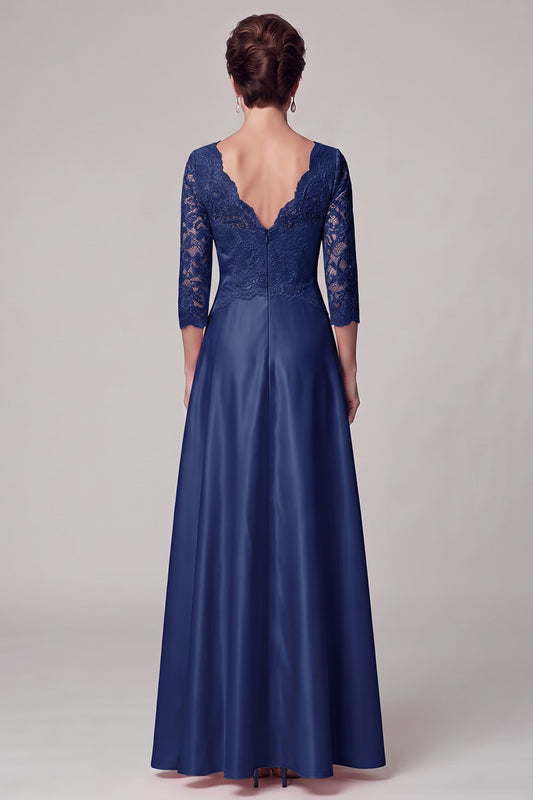 Navy A-Line V-Neck 3/4 Sleeves Long Lace Mother of the Bride Dress