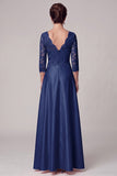 Navy A-Line V-Neck Long Lace Mother of the Bride Dress