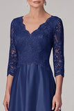 Navy A-Line V-Neck Long Lace Mother of the Bride Dress