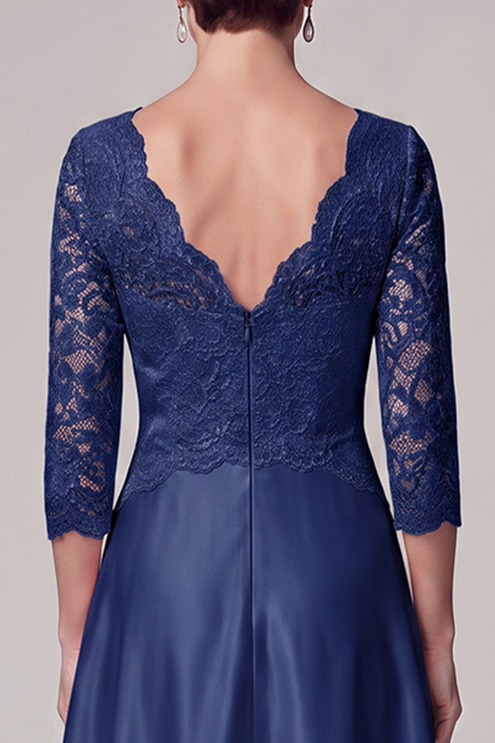Navy A-Line V-Neck Long Lace Mother of the Bride Dress