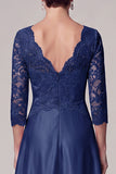 Navy A-Line V-Neck Long Lace Mother of the Bride Dress