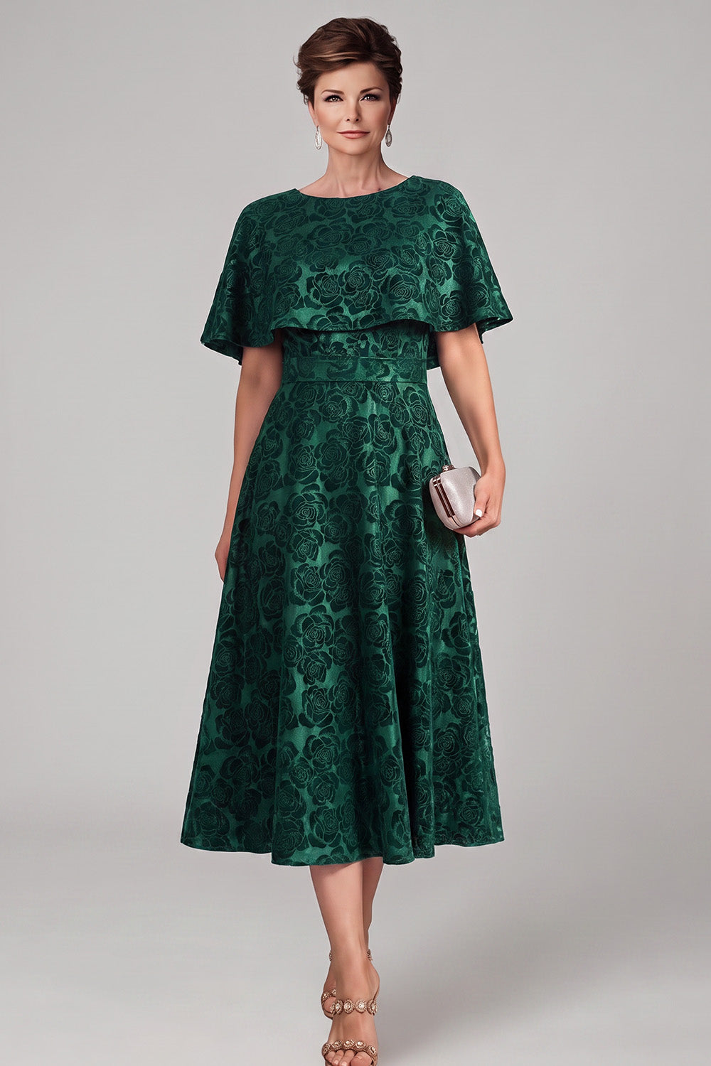 Dark Green A-Line Boat Neck Jacquard Midi Mother of the Bride Dress with Cape