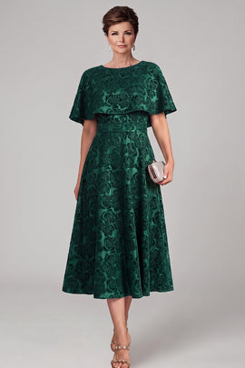 Dark Green A-Line Boat Neck Jacquard Midi Mother of the Bride Dress with Cape