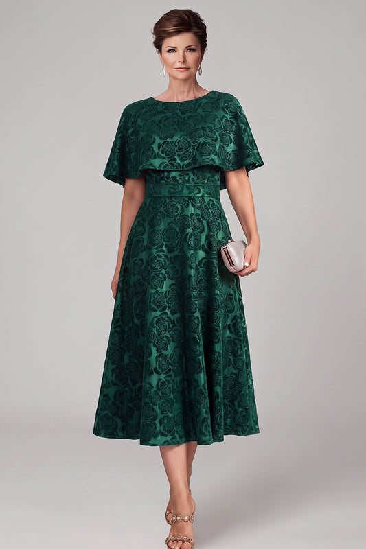 Dark Green Floral A-Line Boat Neck Midi Mother of the Bride Dress with Cape