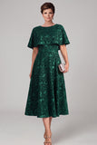 Dark Green A-Line Boat Neck Jacquard Midi Mother of the Bride Dress with Cape
