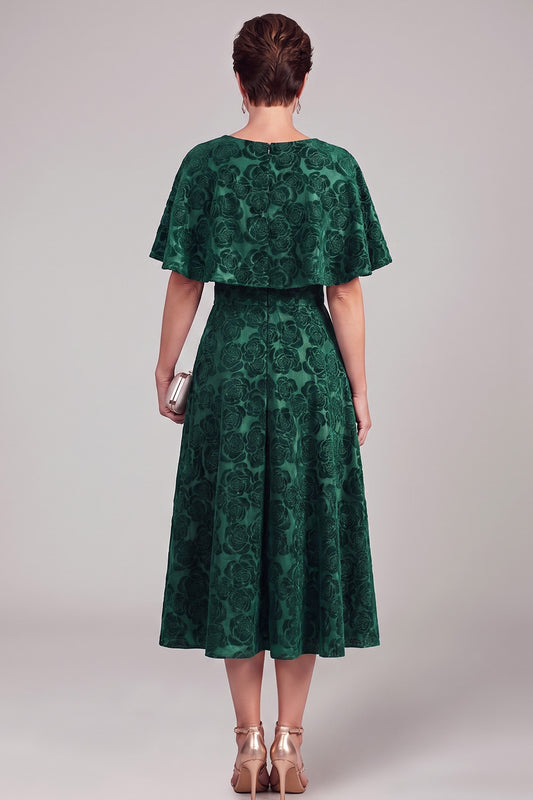 Dark Green Floral A-Line Boat Neck Midi Mother of the Bride Dress with Cape