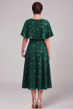 Dark Green A-Line Boat Neck Jacquard Midi Mother of the Bride Dress with Cape