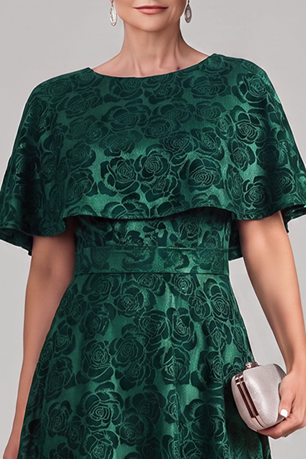 Dark Green A-Line Boat Neck Jacquard Midi Mother of the Bride Dress with Cape