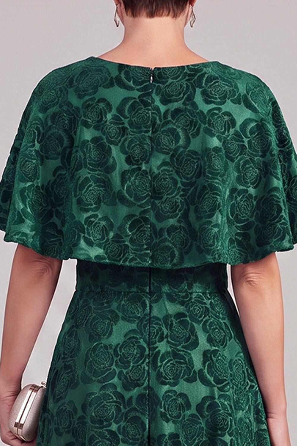 Dark Green A-Line Boat Neck Jacquard Midi Mother of the Bride Dress with Cape