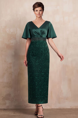 Dark Green Sheath V-Neck Floral Satin Beaded Long Mother of the Bride Dress with Sleeves