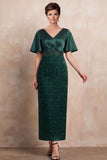 Dark Green Sheath V-Neck Floral Satin Beaded Long Mother of the Bride Dress with Sleeves