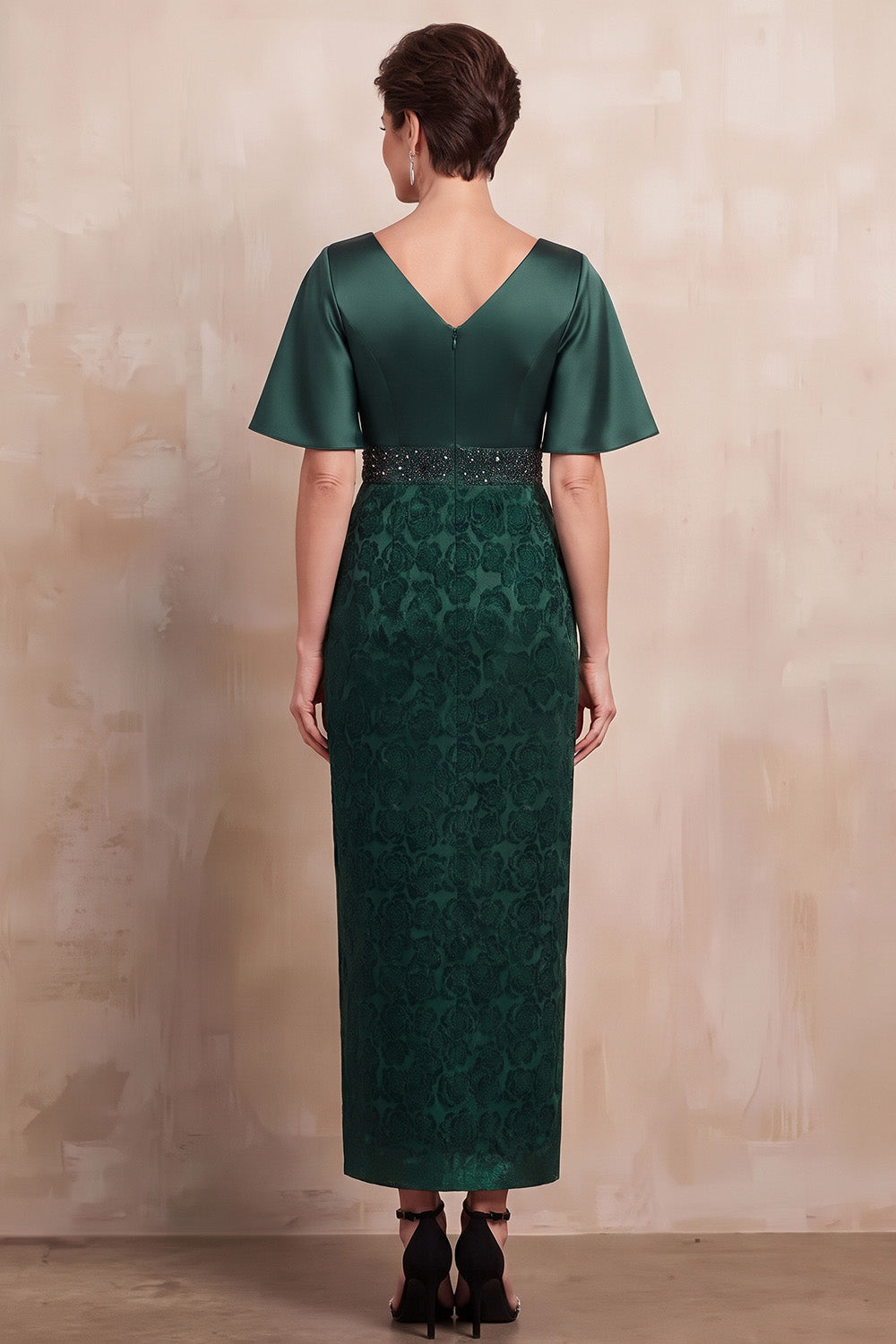 Dark Green Sheath V-Neck Floral Satin Beaded Long Mother of the Bride Dress with Sleeves