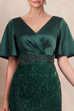 Dark Green Sheath V-Neck Floral Satin Beaded Long Mother of the Bride Dress with Sleeves