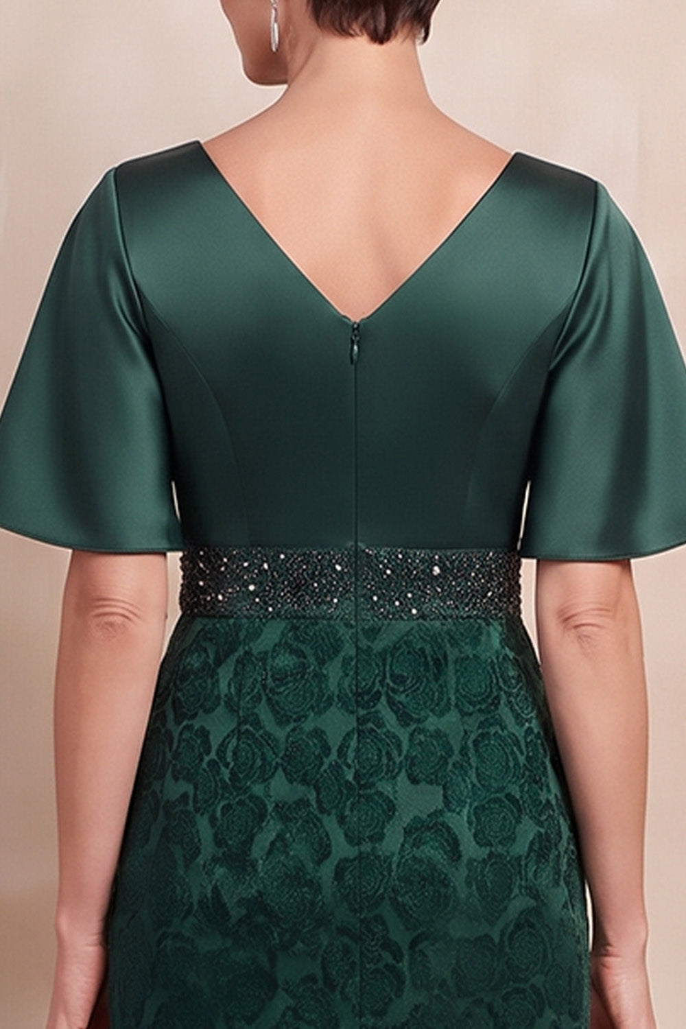 Dark Green Sheath V-Neck Floral Satin Beaded Long Mother of the Bride Dress with Sleeves