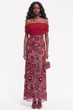 Burgundy Floral Beaded Sheath Off the Shoulder Long Wedding Guest Dress