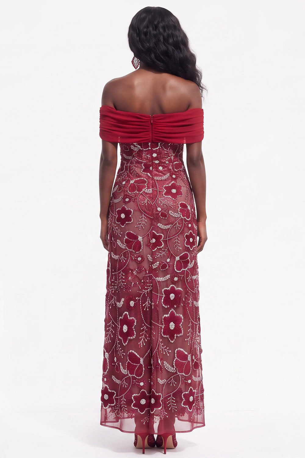 Burgundy Floral Beaded Sheath Off the Shoulder Long Wedding Guest Dress