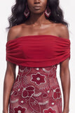 Burgundy Floral Beaded Sheath Off the Shoulder Long Wedding Guest Dress