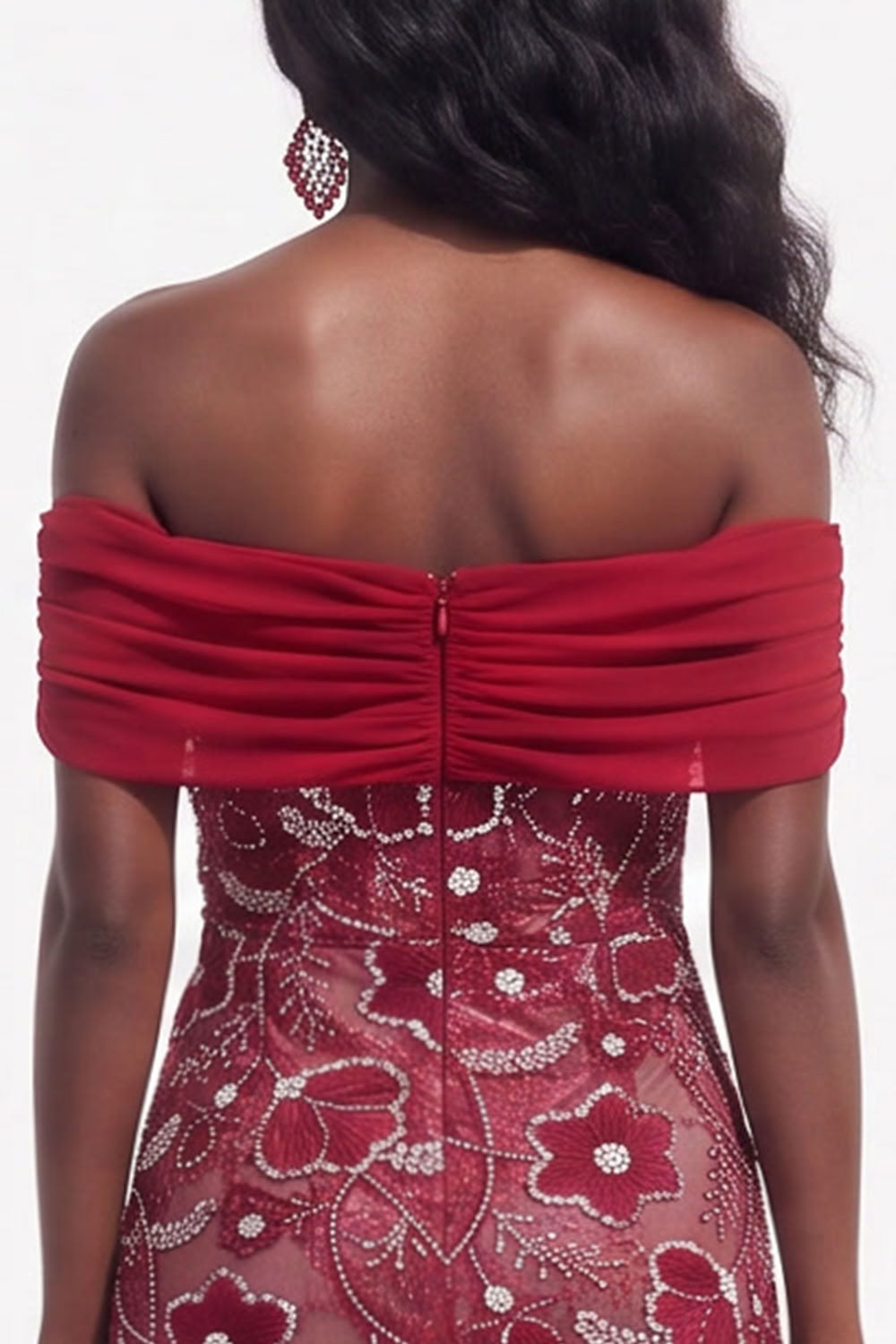 Burgundy Floral Beaded Sheath Off the Shoulder Long Wedding Guest Dress