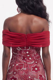 Burgundy Floral Beaded Sheath Off the Shoulder Long Wedding Guest Dress