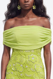 Burgundy Floral Beaded Sheath Off the Shoulder Long Wedding Guest Dress