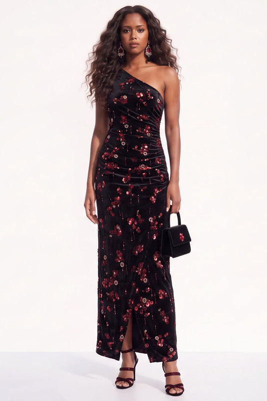 Burgundy Floral Sheath One Shoulder Ruched Long Holiday Dress with Sequins