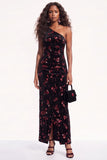 Burgundy Floral Sheath One Shoulder Ruched Long Holiday Dress with Sequins