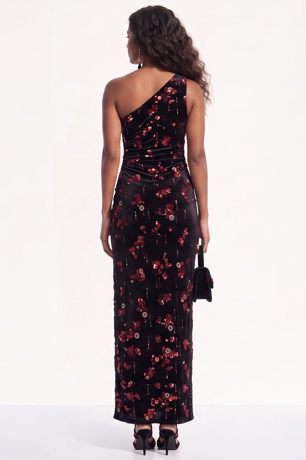 Burgundy Floral Sheath One Shoulder Ruched Long Holiday Dress with Sequins