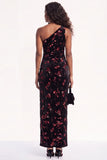 Burgundy Floral Sheath One Shoulder Ruched Long Holiday Dress with Sequins
