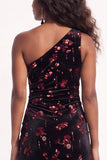 Burgundy Floral Sheath One Shoulder Ruched Long Holiday Dress with Sequins