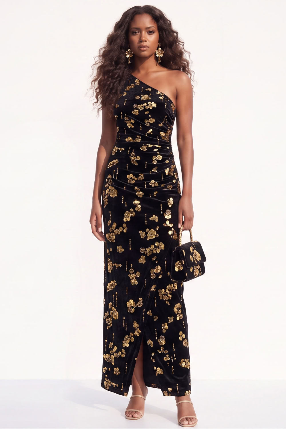 Burgundy Floral Sheath One Shoulder Ruched Long Holiday Dress with Sequins