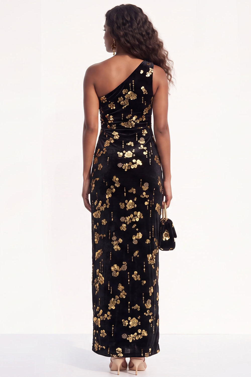Burgundy Floral Sheath One Shoulder Ruched Long Holiday Dress with Sequins
