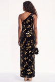 Burgundy Floral Sheath One Shoulder Ruched Long Holiday Dress with Sequins