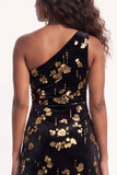 Burgundy Floral Sheath One Shoulder Ruched Long Holiday Dress with Sequins