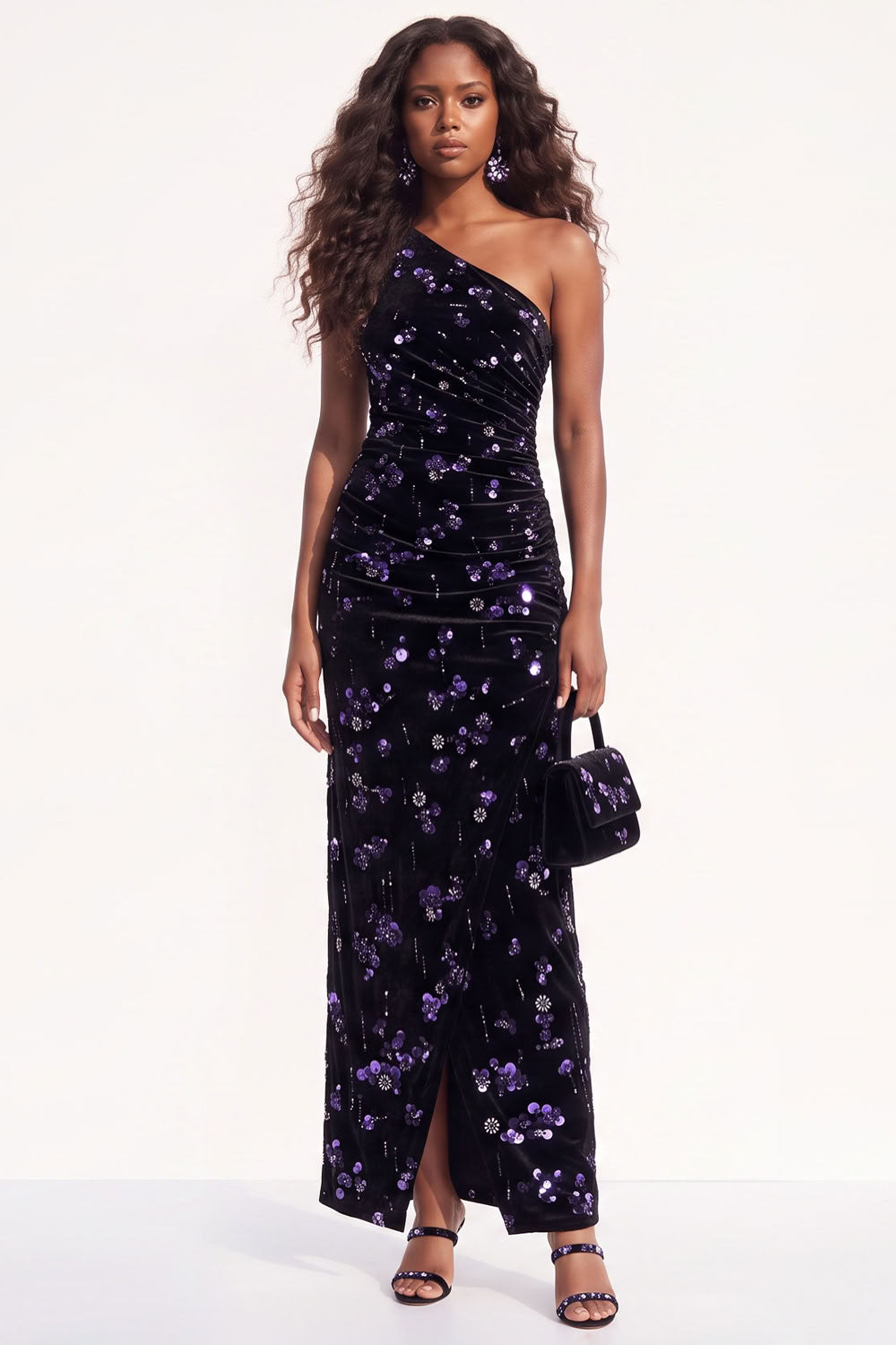 Burgundy Floral Sheath One Shoulder Ruched Long Holiday Dress with Sequins