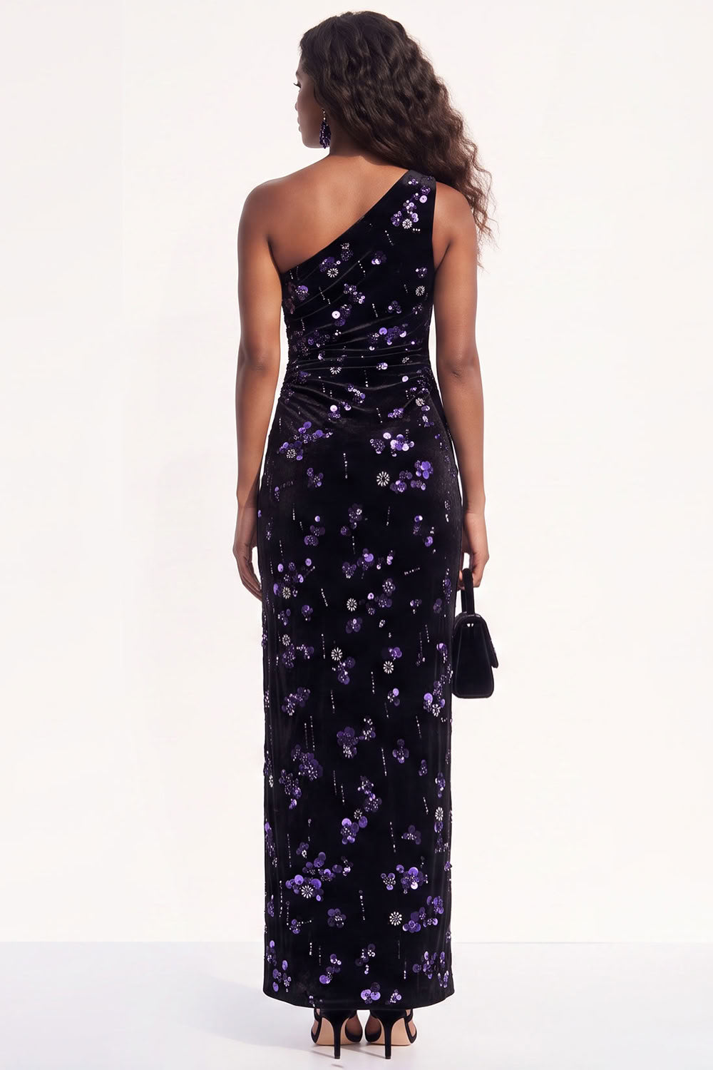 Burgundy Floral Sheath One Shoulder Ruched Long Holiday Dress with Sequins