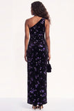 Burgundy Floral Sheath One Shoulder Ruched Long Holiday Dress with Sequins