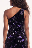 Burgundy Floral Sheath One Shoulder Ruched Long Holiday Dress with Sequins