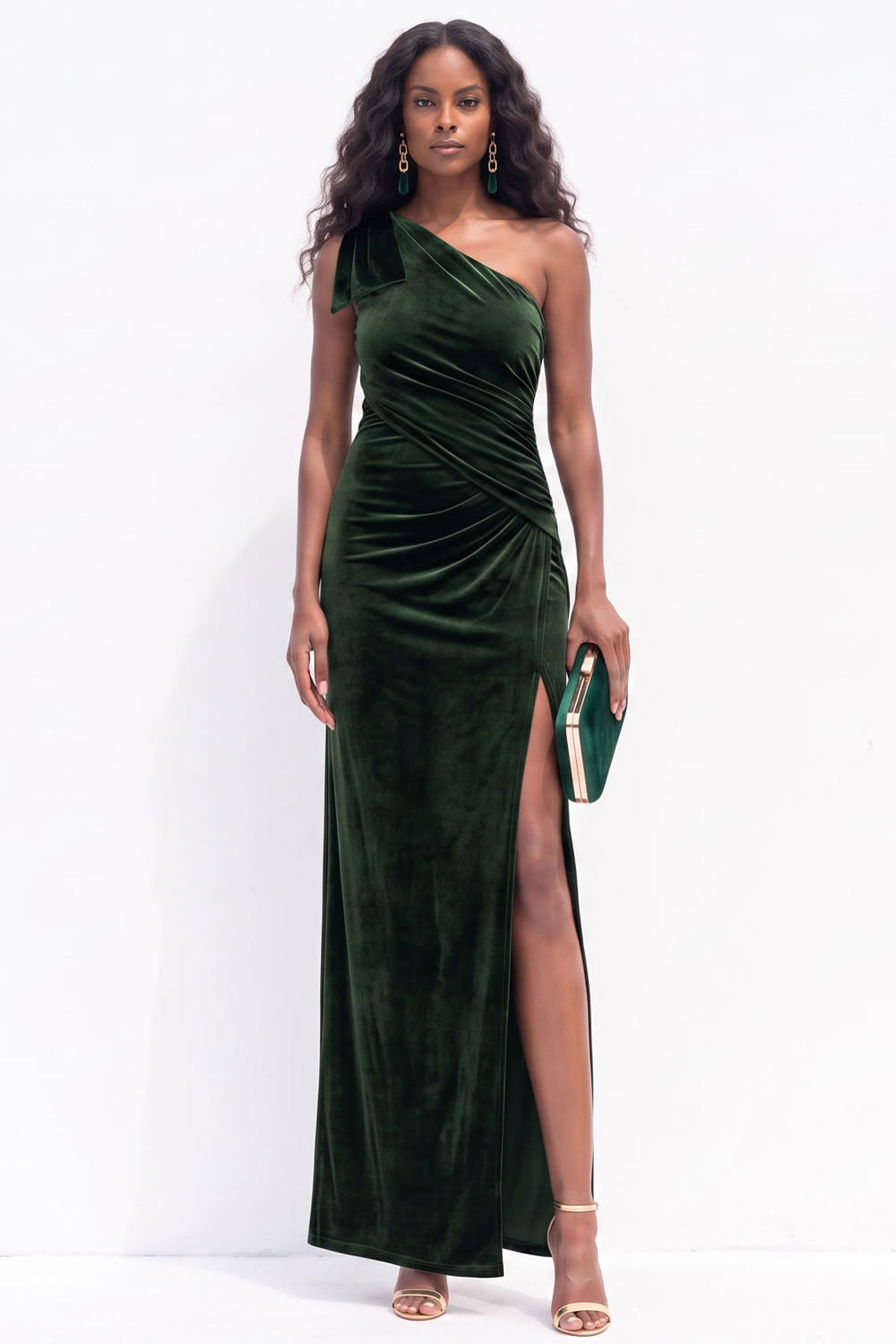 Dark Green Velvet Sheath One Shoulder Ruched Long Holiday Dress with Slit
