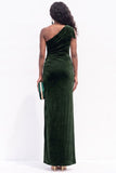 Dark Green Velvet Sheath One Shoulder Ruched Long Holiday Dress with Slit