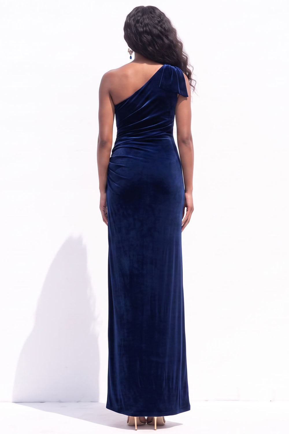 Dark Green Velvet Sheath One Shoulder Ruched Long Holiday Dress with Slit