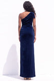 Dark Green Velvet Sheath One Shoulder Ruched Long Holiday Dress with Slit
