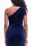 Dark Green Velvet Sheath One Shoulder Ruched Long Holiday Dress with Slit