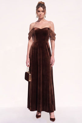 Brown A-Line Off the Shoulder Long Velvet Holiday  Dress