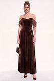 Brown A-Line Off the Shoulder Long Velvet Holiday  Dress