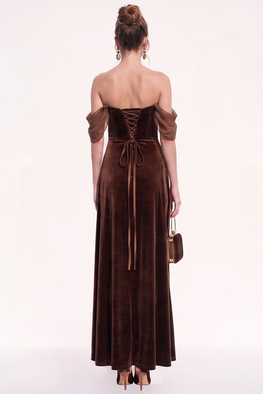 Brown A-Line Off the Shoulder Long Velvet Holiday  Dress