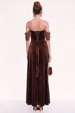 Brown A-Line Off the Shoulder Long Velvet Holiday  Dress