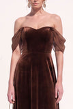 Brown A-Line Off the Shoulder Long Velvet Holiday  Dress