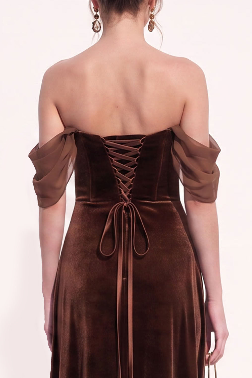 Brown A-Line Off the Shoulder Long Velvet Holiday  Dress