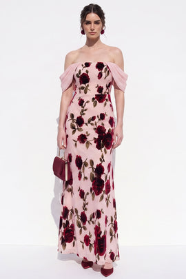 Peach Sheath Off The Shoulder Chiffon Floral Long Black Tie Dress