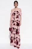 Peach Sheath Off The Shoulder Chiffon Floral Long Black Tie Dress